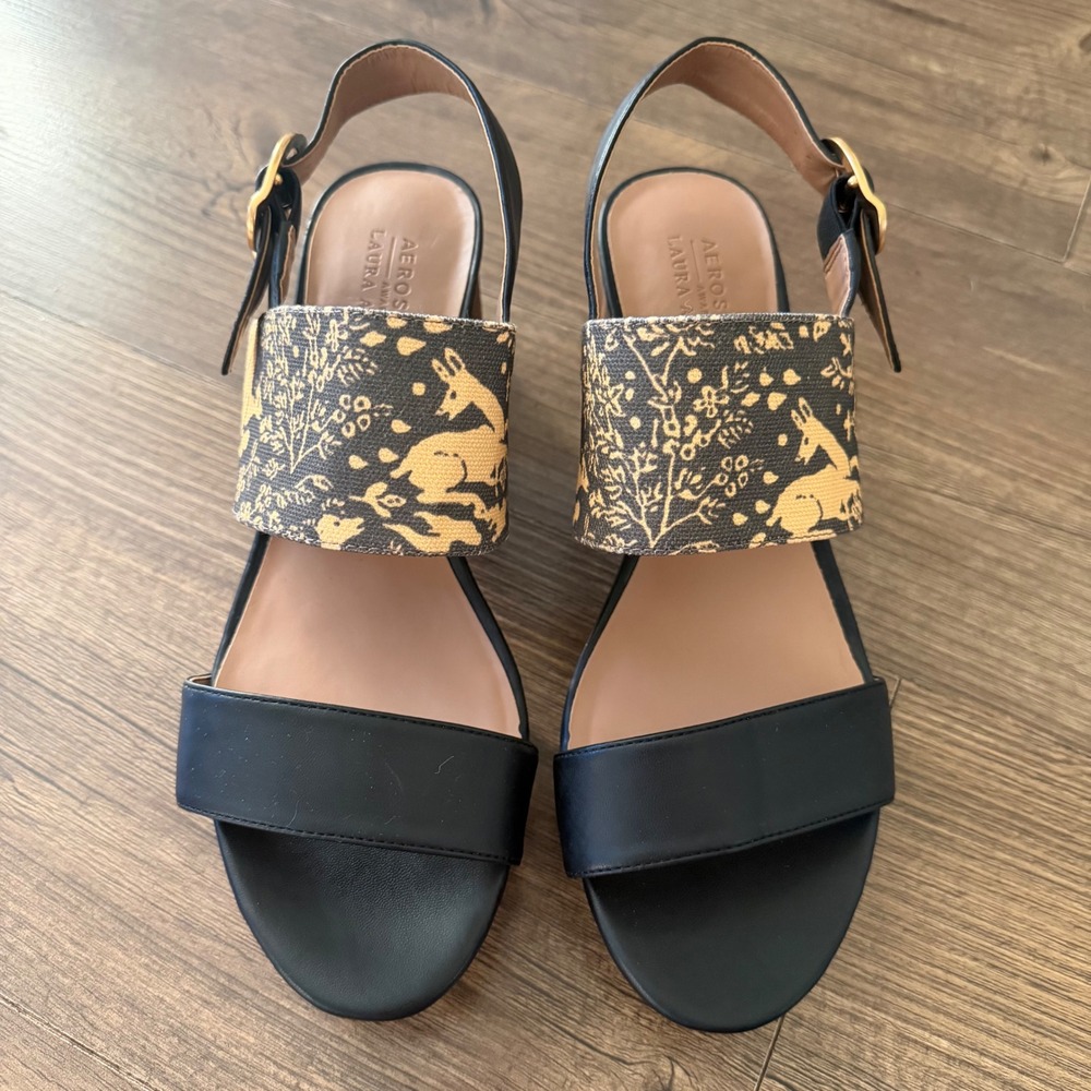Aerosoles Laura Ashley Sandals Black Gold Deer Print Wood Block Heel Womens 8.5